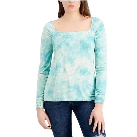 Fever Tie-Dyed Square-Neck Ribbed Knit Top Aqua Haze Make A Splash S - Picture 1 of 3